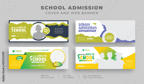 School admission Facebook cover and web banner bundle, kids' online education social media posts, or back-to-school banners photo