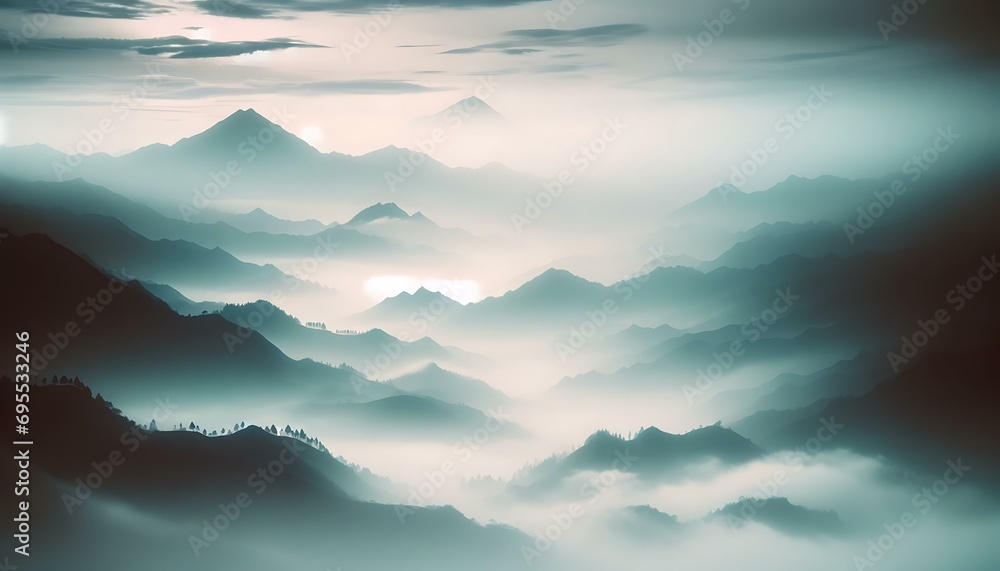 Gradient color background image with an ethereal misty mountain pass theme