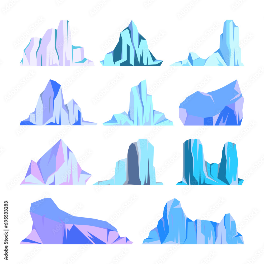 Floating icebergs collection. Drifting arctic glacier, block of frozen ocean water. Icy mountains with snow. Melting ice peak. Antarctic snowy landscape. South and North Pole. Vector illustration. Floating icebergs collection. Drifting arctic glacier, block of frozen ocean water. Icy mountains with snow. Melting ice peak. Antarctic snowy landscape. South and North Pole. Vector illustration.