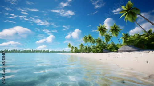 Panoramic view of a beautiful tropical beach with palm trees.