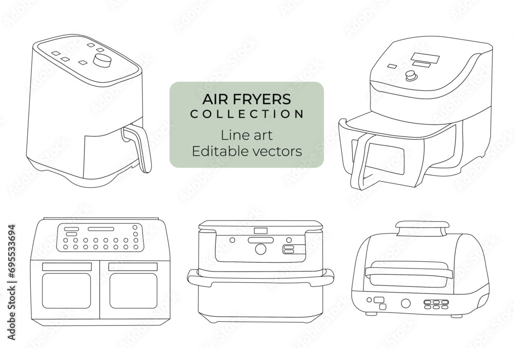 Set of hand drawn editable vector line art illustrations of air fryers ...