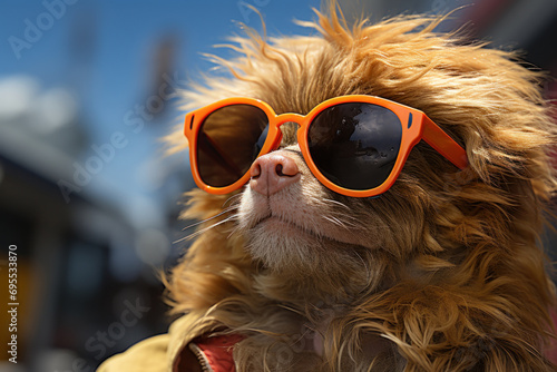  a close up of a dog with sunglasses on it's face and a jacket on it's back and a building in the back ground in the background.