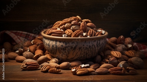 A high-definition photograph showcasing a bowl of freshly cracked pecans, emphasizing the intricate patterns of the nutmeat and the rugged surface of the shells.