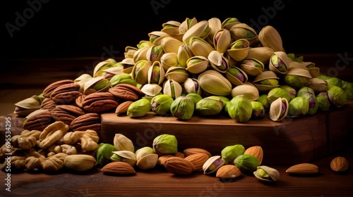 A high-definition photograph showcasing a mix of shelled and unshelled pistachios arranged on a wooden surface, emphasizing their varied textures and earthy tones.