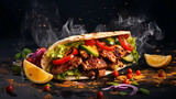 grilled beef turkish or chicken arabic shawarma doner sandwich with ingredients and spices hot ready to serve and eat food commercial menu banner with copy space area - Generated by Generative AI