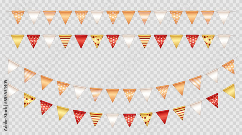 Collection of 4 realistic party flags, bunting on transparent background. Set of 3d multicolored  pennants, seamless festive triangle garlands with pattern for birthday celebration, festival, carnival photo
