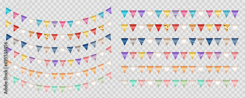 Big set of 12 realistic party flags, hanging buntings on transparent background. 3d multicolored pennants, seamless festive triangle garlands with pattern for birthday celebration, festival, carnival