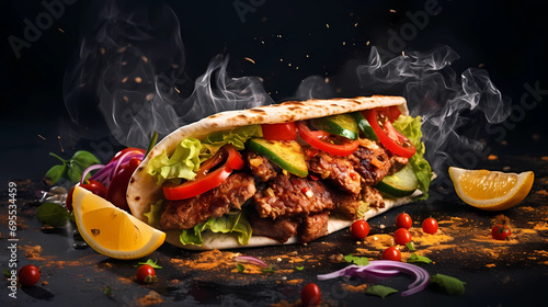 grilled beef turkish or chicken arabic shawarma doner sandwich with ingredients and spices hot ready to serve and eat food commercial menu banner with copy space area - Generated by Generative AI photo