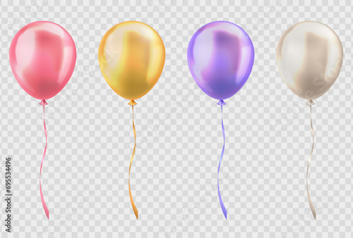 Set of 3d realistic glossy pastel yellow, pink, beige and purple balloons on transparent background. Various three dimensional helium balloons with ribbons for birthday, anniversary, party, wedding
