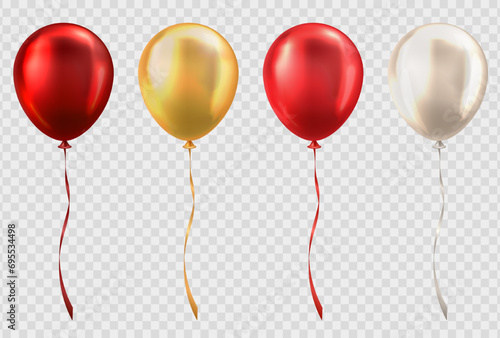 3d realistic glossy dark and light red, golden and beige balloons on transparent background. Colorful three dimensional shiny helium balloons with ribbons for party, birthday, anniversary, wedding photo