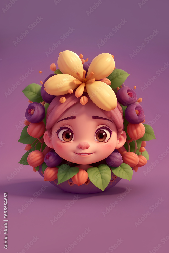 cute girl character designed with round flowers and fruits frame cute girl character designed with round flowers and fruits frame