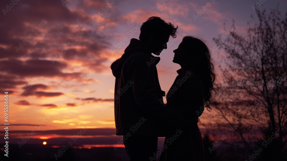 A couples silhouette against the backdrop of a beautiful sunrise.