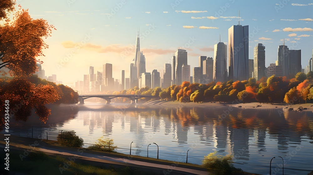 New York City panorama with skyscrapers and river in autumn