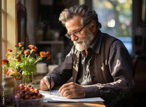 Elderly man writing a letter at a wooden table in a cozy room, decorated with a vase of flowers and a bowl of fruit. photo