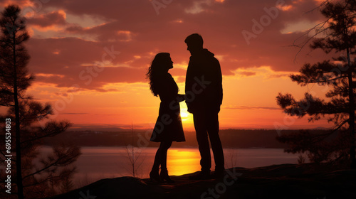 A couples silhouette against the backdrop of a beautiful sunrise.
