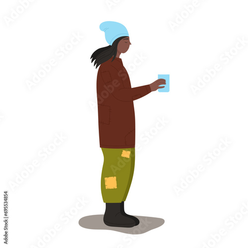 Poor homeless man asking for money. Poverty street lifestyle, unemployed people cartoon vector illustration