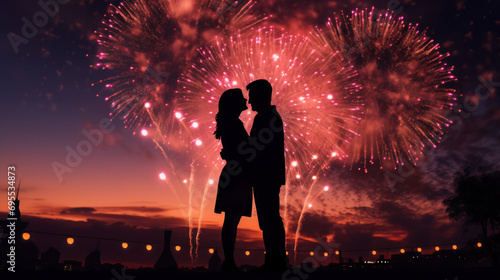 A couples silhouette in front of a heart-shaped firework display.