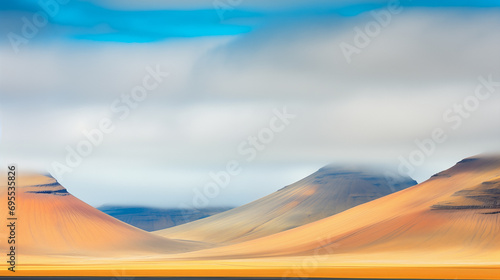 Serene, minimalist and colorful desert landscape with hills and mountains and a vibrant cloudy sky. 