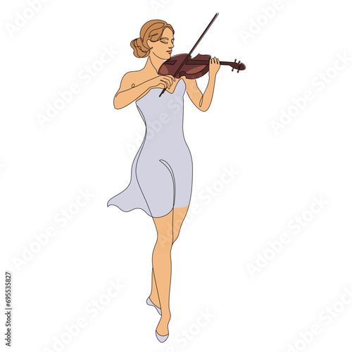 Silhouette of a beautiful woman with a violin in a modern continuous line style. Violinist girl, slender. Continuous line drawing, decor outline, posters, stickers, logo. Vector illustration