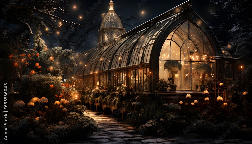 3D render of a greenhouse in the forest at night with lights