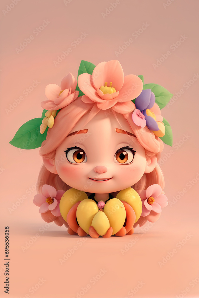 cute girl character designed with round flowers and fruits frame cute girl character designed with round flowers and fruits frame