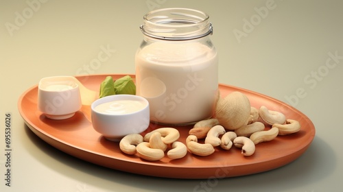 A high-quality image displaying a mix of cashews and cashew products, including cashew oil and cashew cream, arranged in an informative and visually appealing manner.