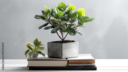 potted plant on a wooden table with book and plant