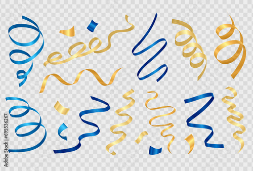 Set of realistic 3d colorful party streamers, coil ribbon serpentine on transparent background. Falling golden and blue spiral curled tinsel, vector festive confetti isolated  for celebration event