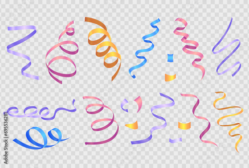 Set of realistic 3d colorful party streamers, coil ribbon serpentine on transparent background. Falling pink, golden, blue, purple spiral curled tinsel, vector festive confetti for celebration event
