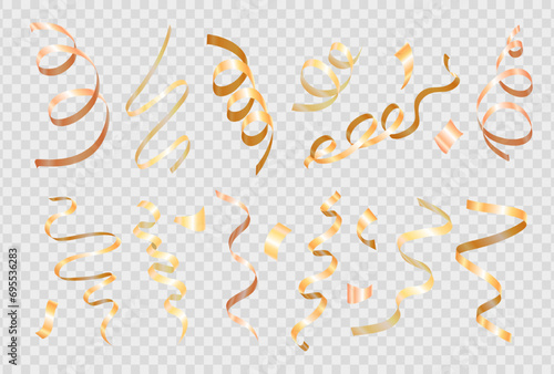 Collection of realistic 3d luxury golden party streamers, coil ribbon serpentine isolated on transparent background. Falling yellow glossy spiral curled tinsel, vector festive confetti or silk ribbons