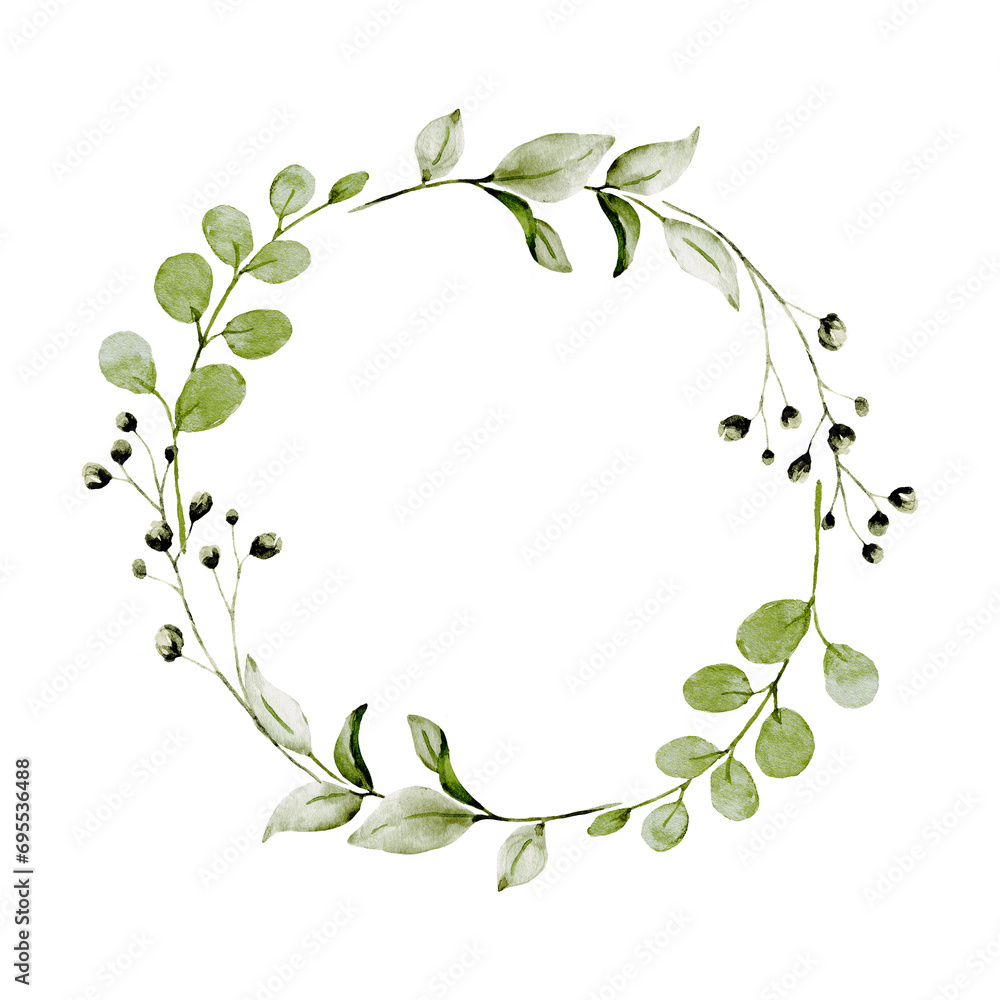 Wreath with eucalyptus, watercolor leaves. Hand painting botanical floral frame. Leaf illustration isolated on white background.	