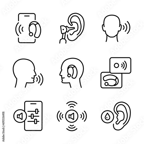 Hearing aid icons set. Volume booster for ears, for the deaf old and young. For better hearing, linear icon collection