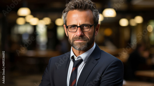 Portrait of mid adult business man standing in modern office. Successful mature entrepreneur in formal clothing looking at camera with satisfaction. Confident man in suit with eyeglasses and beard. 