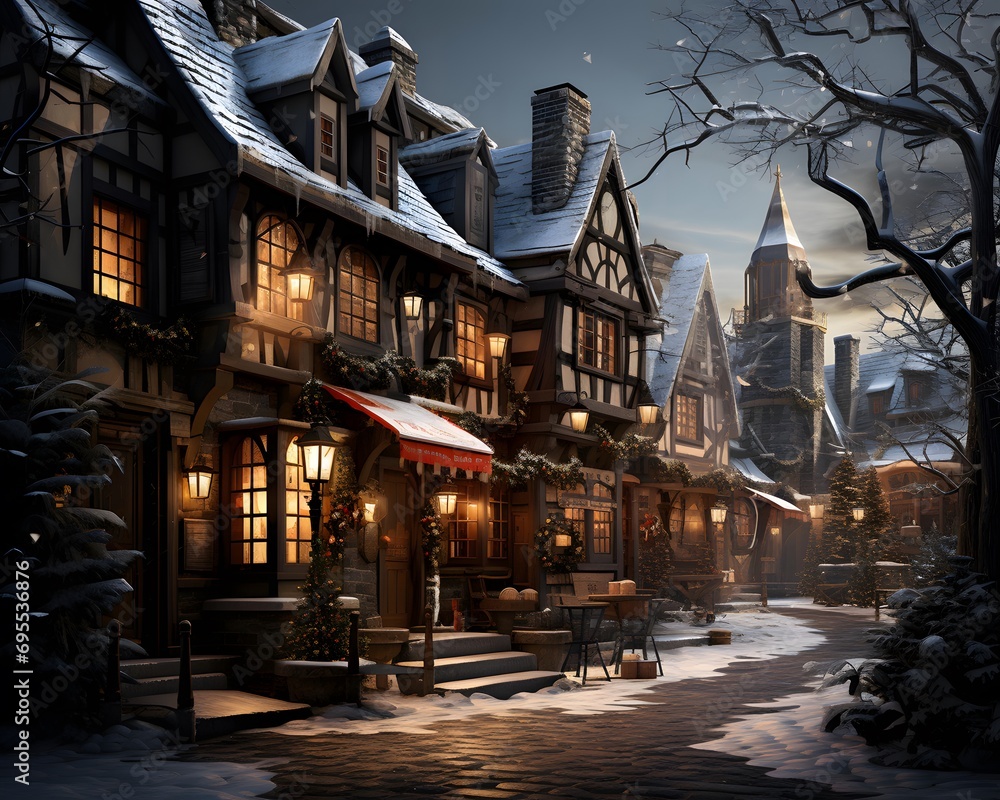 Winter night in the city. Christmas and New Year holidays concept.