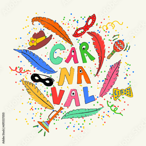 Funny Carnaval illustration with traditional symbols