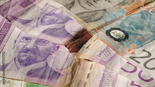 Serbian dinar banknotes cash money close-up macro. 50, 200 dinars. Payment photo