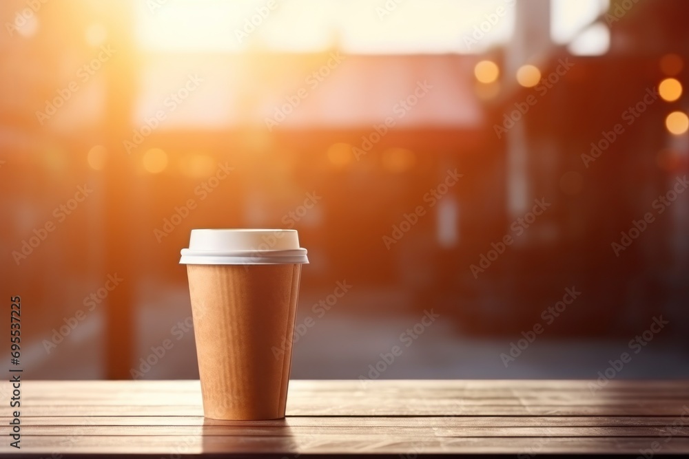 a cup of coffee sitting on top of a wooden table in front of a blurry background of a city street and a train on the other side of the road. a cup of coffee sitting on top of a wooden table in front of a blurry background of a city street and a train on the other side of the road.