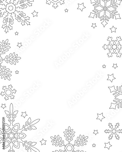 Background. Frame with snowflakes and stars. Black and white vector illustration.
