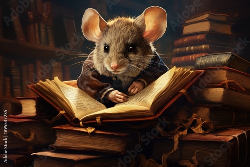  a mouse sitting on top of a pile of books next to a pile of books on top of a pile of books on top of a wooden bookshelves.