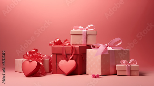 Valentine's Day Pink & Red Gift Boxes & Hearts For Banner Or Card