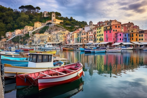  a harbor filled with lots of colorful boats next to a hillside covered with buildings and a hill on top of a hill in the distance is a body of water. © Nadia