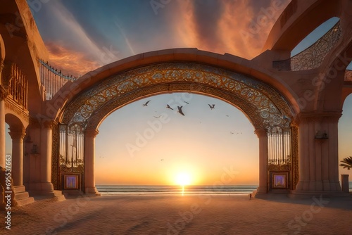 A mystical promenade along the beach in Santa Pola at sunrise, with a magical portal opening in the sky, allowing fantastical creatures to emerge, the air filled with an otherworldly glow photo