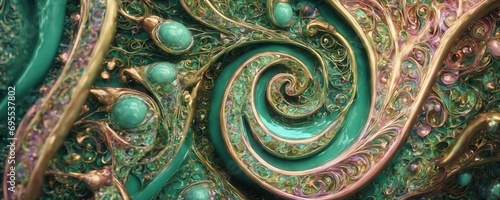 a green and gold swirl with pink and green swirls