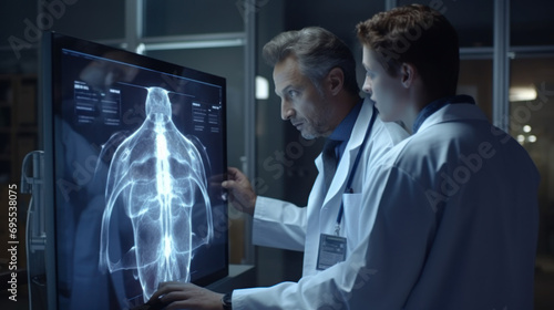 A doctor showing a patient an x-ray or scan of a tumor.