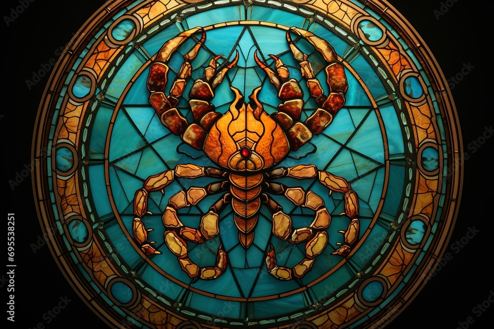 Scorpio zodiac sign, scorpion astrological design, astrology horoscope symbol of February March month background with cosmic animal in stained glass style