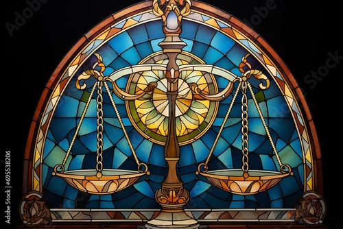 Libra zodiac sign, Scales astrological design, astrology horoscope symbol of september october month background with cosmic balance in stained glass style photo