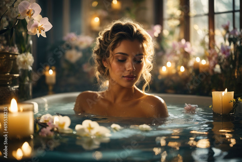 Beautiful woman taking aroma bath with candles in a luxurious upscale wellness spa