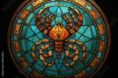Scorpio zodiac sign, scorpion astrological design, astrology horoscope symbol of February March month background with cosmic animal in stained glass style