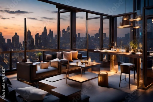 A high-rise hotel with a rooftop terrace, adorned with stylish furniture and overlooking a city aglow with city lights in the evening.