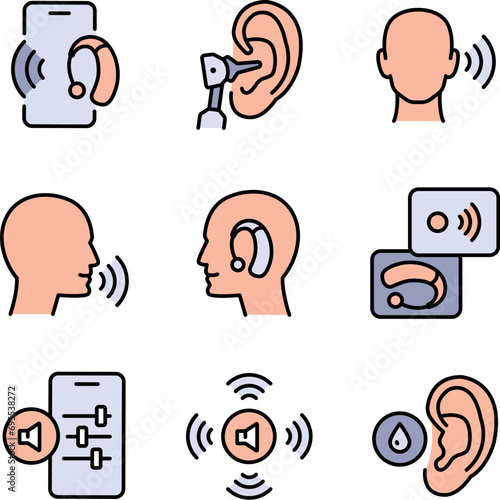 Hearing aid icons set. Volume booster for ears, for the deaf old and young. For better hearing icon collection